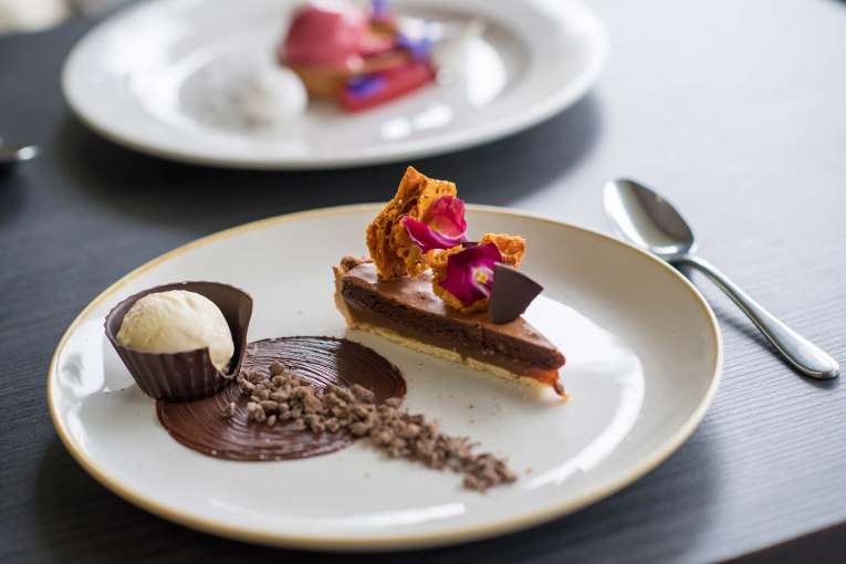Park Hotel Restaurant Dining Chocolate Tart with Honeycomb and Ice Cream Dessert