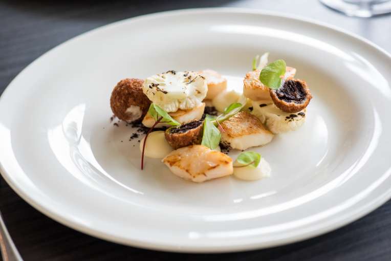 season bar scallops, black pudding and cauliflower at the park hotel